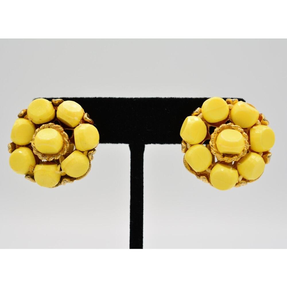 Vintage Beaded Clip On Earrings Yellow Cluster Gold Tone Heavy Chunky 1970s BinQ